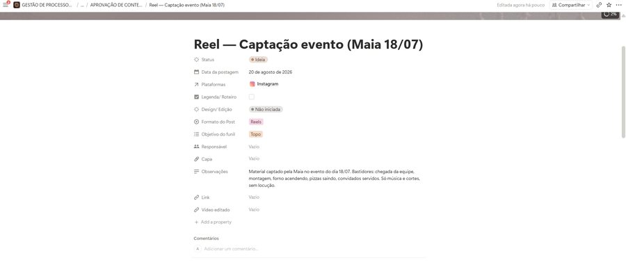 Exemplo de card de conteúdo aberto, mostrando todos os campos de status, data, plataforma e link